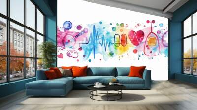 Vibrant watercolor art featuring medical symbols, heartbeats, and color splashes, representing health and wellness themes. Wall mural