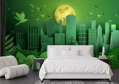 Visualize a green eco city where life is sustainable and architecture merges with nature Wall mural