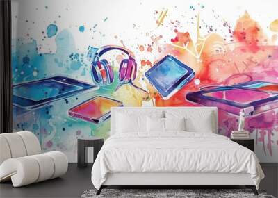 Watercolor of a digital tablet and gadgets representing modern technology in cyber styles, clipart kawaii watercolor on white background Wall mural