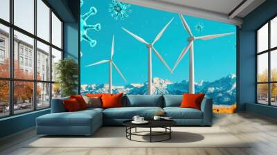 Wind turbines stand tall against a vibrant sky, surrounded by sunflowers, symbolizing renewable energy and environmental sustainability. Wall mural