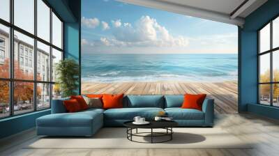 Wooden table overlooking a sea view and beach under the clear blue sky offers an ideal summer retreat, Sharpen 3d rendering background Wall mural