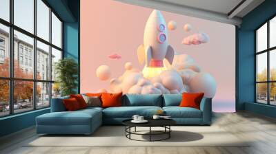 A detailed 3D clay icon of a rocket blasting off with billowing smoke, set against a soft pastel background, featuring intricate textures and lifelike details Wall mural