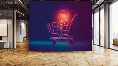 a stylized shopping cart icon with a glowing light bulb positioned inside, symbolizing ideas and innovation in retail and e-commerce. Wall mural