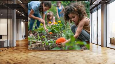 Families working together in a vibrant community garden, with children planting seeds and adults tending to vegetable plots, surrounded by blooming flowers and lush greenery Wall mural