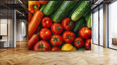 Fresh and vibrant assortment of vegetables, featuring carrots, tomatoes, and cucumbers, captured in a detailed and colorful composition. Wall mural