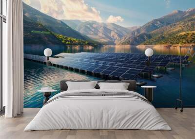 Large solar cells in a reservoir A view of a tranquil lake surrounded by towering mountains. Capture the beauty of the natural landscape Wall mural