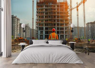 A busy construction site filled with construction workers engaged in various tasks, lifting heavy materials, pouring concrete, Wall mural