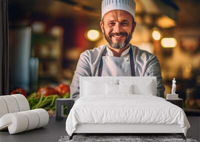 A smiling male chef in the kitchen. Wall mural