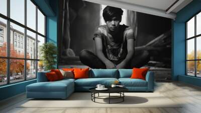 A young Thai teenage boy in despair in a cinematic Style Wall mural