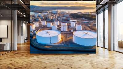 Aerial view oil terminal storage tank, White oil tank storage chemical petroleum. Wall mural