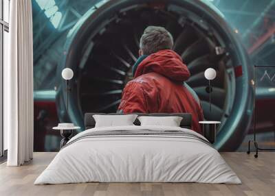 An air operator performing in aircraft turbine, safety inspection,generative ai Wall mural