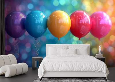 Animation of blue, green, yellow, pink and red balloons on a rainbow background ,generative ai. Wall mural