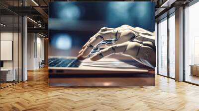 close up hand of white AI robot typing on laptop, working online in office Wall mural