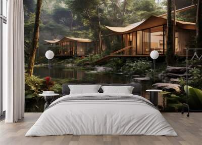 concept design for modern thai style cabins in the woods with small hot pools fed be a creek Wall mural