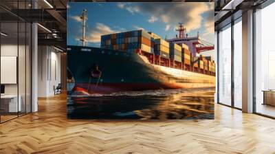 Enormous cargo ship sails across vast ocean, containers neatly stacked. Wall mural