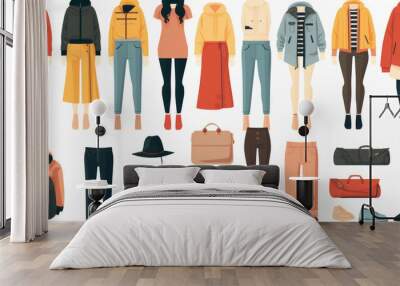 Fashion clothes set. Garment, accessory for men, women. Different apparel collection. Wall mural