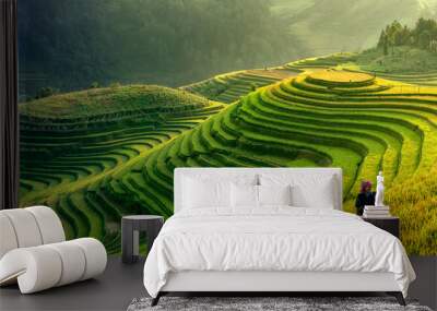 Mu Cang Chai, Vietnam landscape terraced rice field near Sapa. Mu Cang Chai rice fields stretching across mountainside in Vietnam. Wall mural