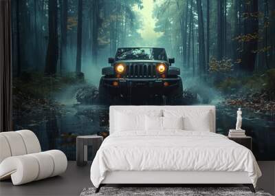 Off road car in a forest on a rainy day, generative ai Wall mural