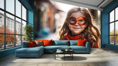 photograph of Funny cute girl in superhero costume. telephoto lens realistic natural lighting Wall mural