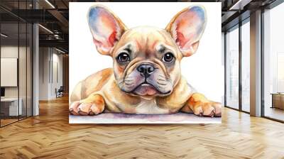 Reflected colourful watercolour of a cute fawn French Bulldog puppy isolated on white Wall mural