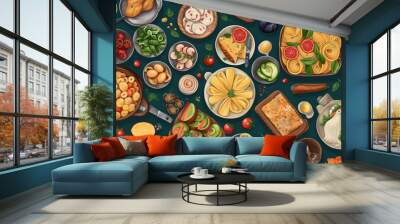 Top view of various foods as culinary concept background illustration Wall mural