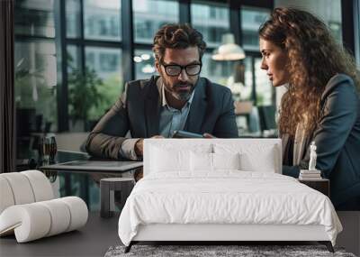 Two business people, a business man and a business woman, engage in a discussion as they read a financial report together. Wall mural