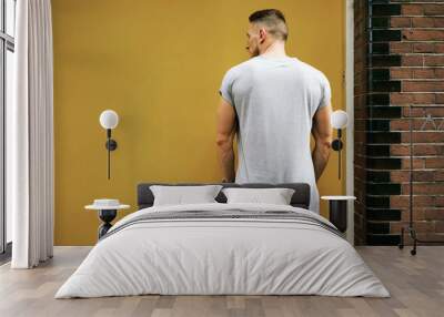 Attractive young muscular man wearing a gray T-shirt standing on a background of yellow wall. back view. empty place for your logo o design. mock-up of blank t-shirt. Wall mural