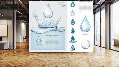 Blue transparent water splashes and drops and collection of icons for your logo. Realistic isolated vector illustration  Wall mural