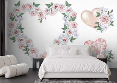 Collection of  floral borders and compositions with glass hearts and wedding flowers. Template for Invitation or greeting card Wall mural