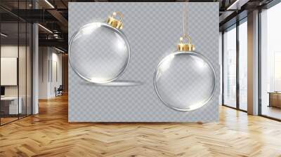 Collection of vector realistic transparent Christmas balls on a light abstract background. Christmas decoration.  Glass sphere. Wall mural