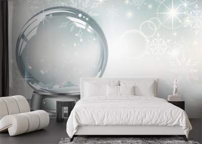 Greeting card with vector realistic transparent silver  snow globe  with snow and christmas tree  on a light abstract background Wall mural