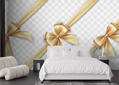 Set of satin decorative golden bows with horizontal yellow ribbon isolated on white background. Vector gold bow and gold ribbon Wall mural