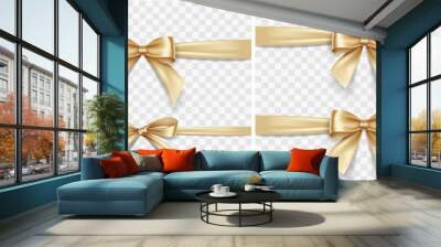 Set of satin decorative golden bows with horizontal yellow ribbon isolated on white background. Vector gold bow and gold ribbon Wall mural