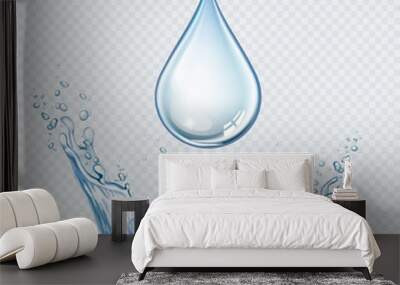 Transparent vector water splash and water drop on light background Wall mural