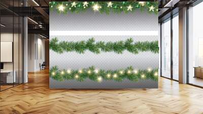 Vector border with green fir branches and with festive decoration elements on transparent background. Christmas tree garland with fir branches and lights.	
 Wall mural