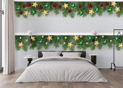 Vector border with white fir branches and with festive decoration elements on transparent background. Christmas tree garland with fir branches, pine cones, and glass decoration Wall mural