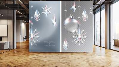 Vector Christmas background with realistic transparent glass balls, snowflakes and decoration. Glass sphere and sparkling translucent crystals
 Wall mural