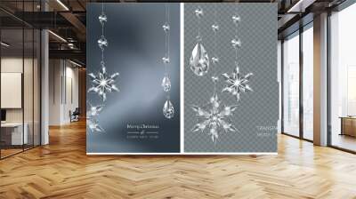 Vector Christmas background with realistic transparent glass snowflakes and decoration. Sparkling translucent crystals Wall mural