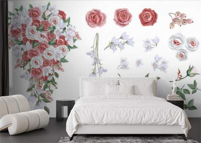 Vector floral set with leaves and flowers. Elements for your compositions, greeting cards or wedding invitations. Red and white roses, berries and white flowers Wall mural