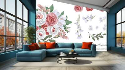 Vector floral set with leaves and flowers. Elements for your compositions, greeting cards or wedding invitations. Red and white roses, berries and white flowers Wall mural