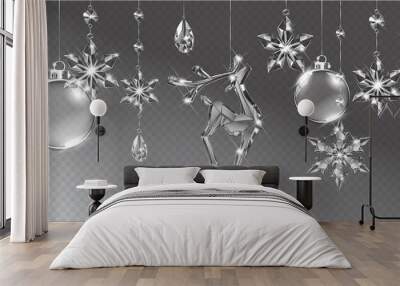 Vector realistic transparent Christmas crystal deer and decoration on abstract background. Glass sparkling translucent crystals Wall mural