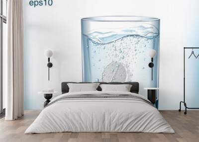 White solvable tablet in the glass with blue water and a few pills next to the glass.  Vitamin pill soluble in fizzy water with bubbles.  Transparent vector Wall mural