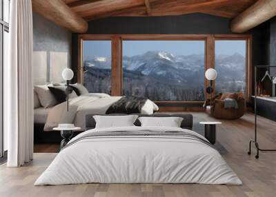 bedroom, night, nighttime, mountain view, modern decor, luxury Wall mural