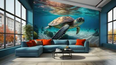 A turtle swimming underwater in the sea. Generative AI. Wall mural