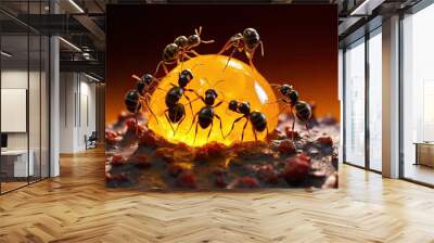 Black ants eating honey drop. Concept of teamwork or hardworking or unity. Generative AI. Wall mural