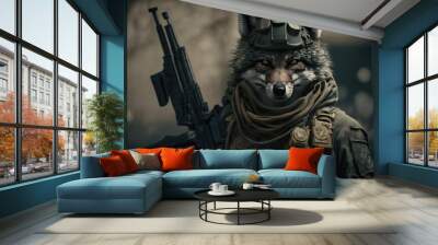 Wolf dressed as a warfare soldier holding a gun. Generative AI. Wall mural