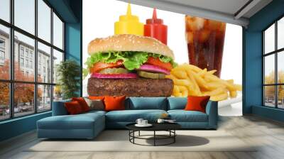 hamburger meal served with french fries and soda close-up Wall mural