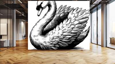 Vintage ink sketch line art swan black and white hand drawn, illustration background Wall mural