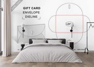 Gift card envelope die cut template with 3D blank vector mockup. Heart shape envelope dieline Wall mural