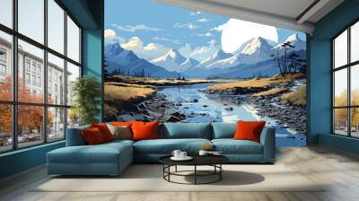 hand drawn flat design mountain landscape vector with the moon. Wall mural